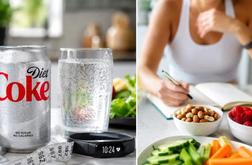 Peaceful Health: Daily Health Tips at Home 10 Diet Coke can beside healthy lifestyle items illustrating health effects and nutrition discussion.