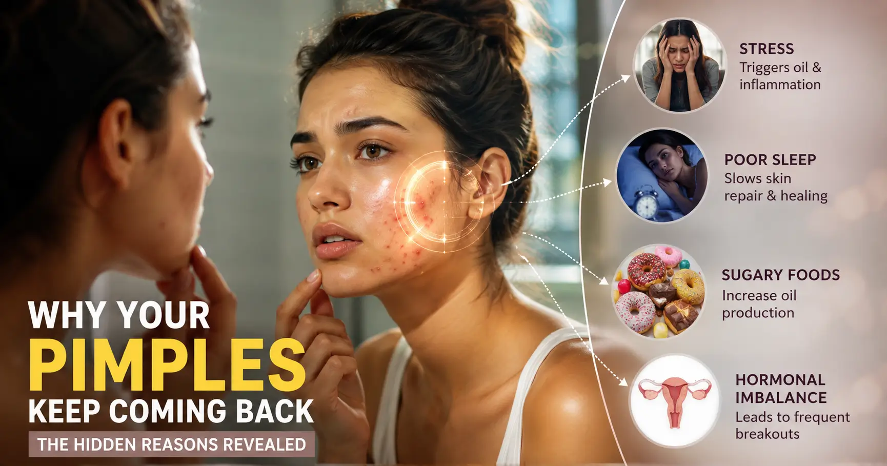 Person looking in mirror wondering why recurring pimples keep returning.