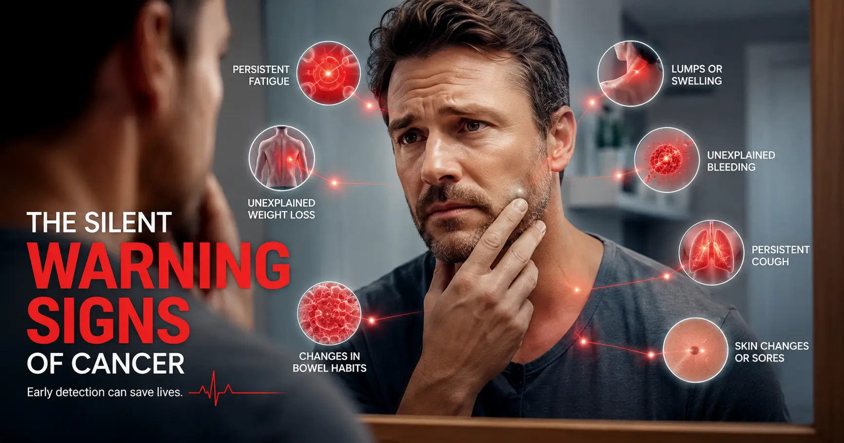 The Silent Warning Signs of Cancer Most People Miss 1 Early warning signs of cancer highlighted on a person examining their health.
