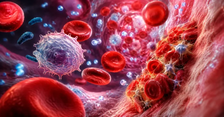 What Your Blood Cells Are Secretly Telling You About Your Health 2 Illustration showing red blood cells, white blood cells, and platelets circulating through a healthy human blood vessel.