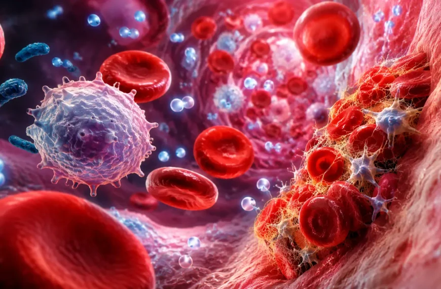 Peaceful Health: Daily Health Tips at Home 6 Illustration showing red blood cells, white blood cells, and platelets circulating through a healthy human blood vessel.