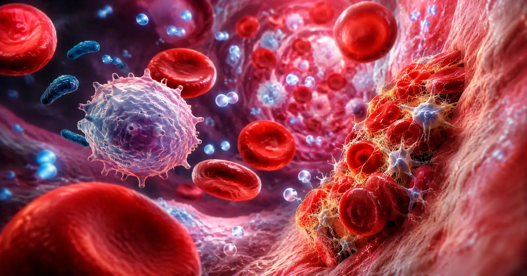 What Your Blood Cells Are Secretly Telling You About Your Health 1 Illustration showing red blood cells, white blood cells, and platelets circulating through a healthy human blood vessel.