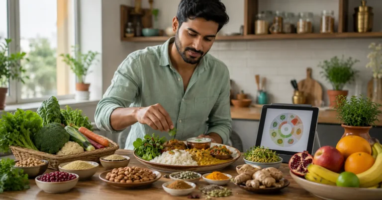 Indian adult preparing a balanced Ayurvedic-inspired meal with vegetables, lentils, grains and spices