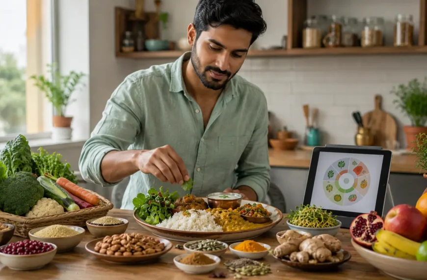 Indian adult preparing a balanced Ayurvedic-inspired meal with vegetables, lentils, grains and spices