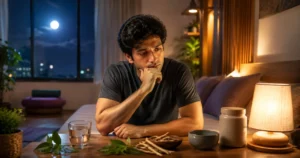 Indian adult exploring Ayurvedic approaches to improve sleep beside Ashwagandha and calming bedtime wellness items