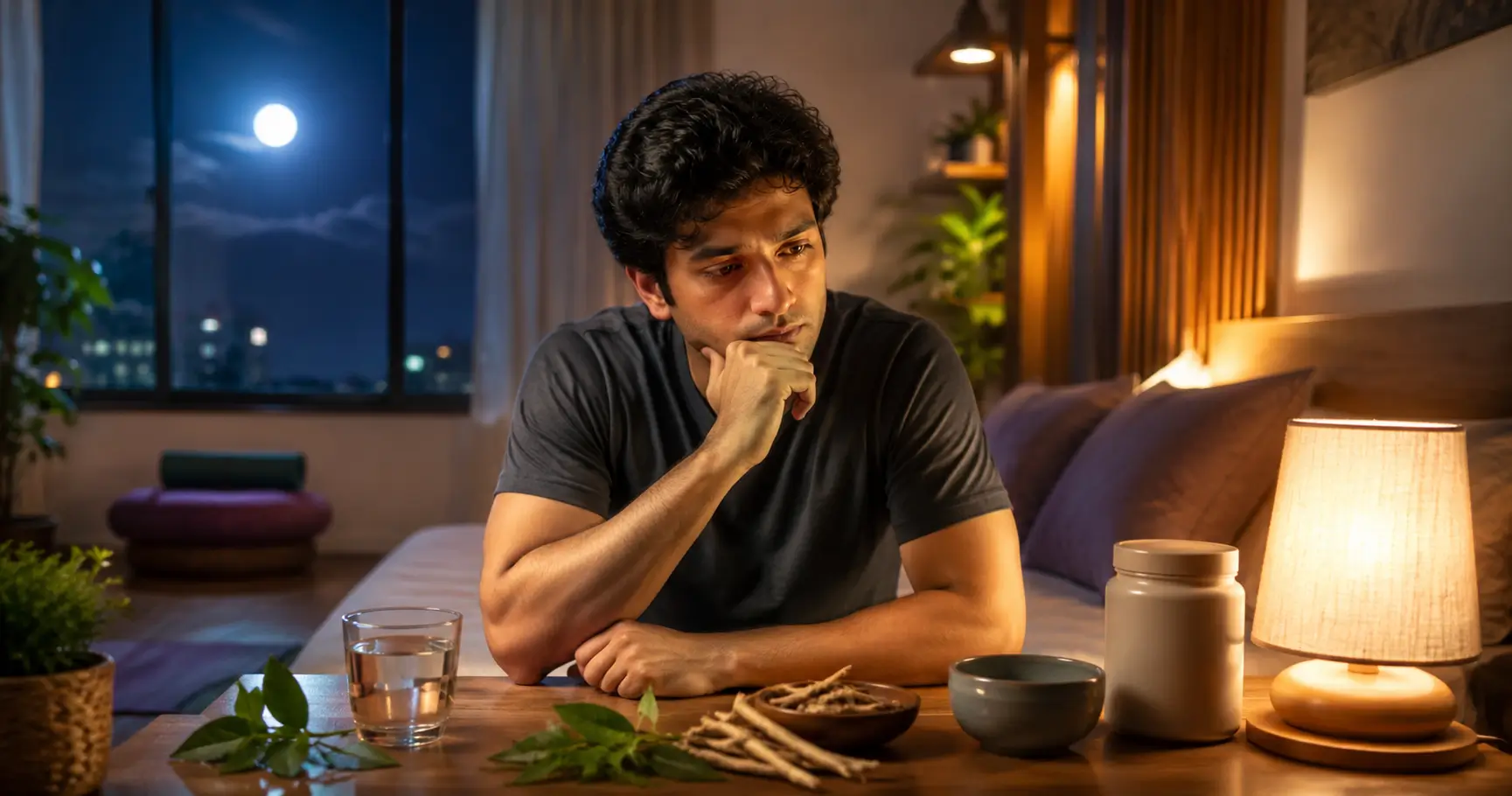 Ayurvedic Medicine for Sleep Disorder: What Actually Helps? 1 Indian adult exploring Ayurvedic approaches to improve sleep beside Ashwagandha and calming bedtime wellness items