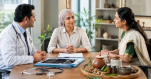 Cancer patient discussing Ayurvedic complementary care with an oncologist and Ayurvedic practitioner