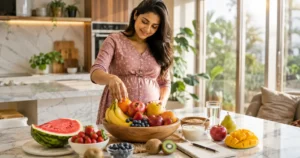 Pregnant woman choosing nutritious fruits including oranges, berries, bananas and watermelon in a bright modern kitchen