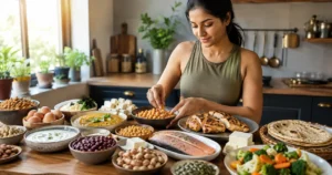 Indian adult preparing a high-protein meal with eggs, paneer, dal, chicken, chickpeas and nuts