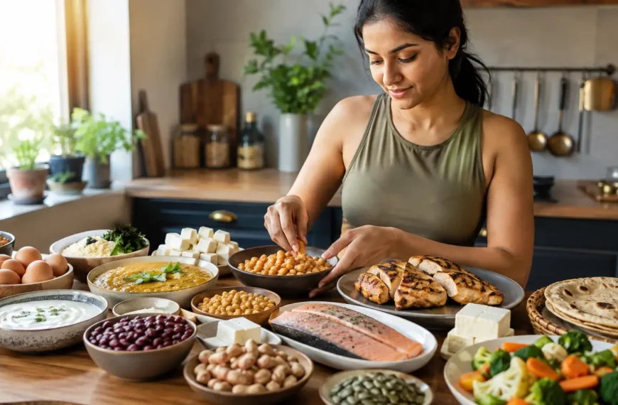 Indian adult preparing a high-protein meal with eggs, paneer, dal, chicken, chickpeas and nuts