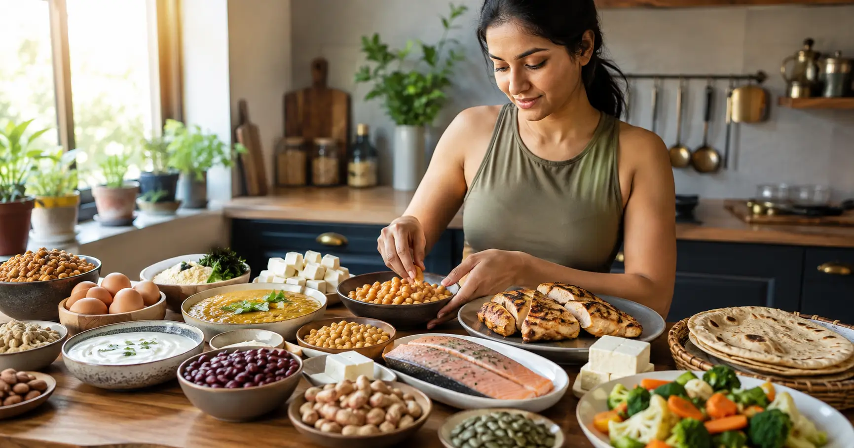Indian adult preparing a high-protein meal with eggs, paneer, dal, chicken, chickpeas and nuts