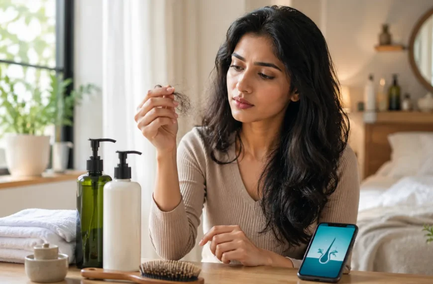 Indian woman examining her hair while choosing a shampoo for hair fall