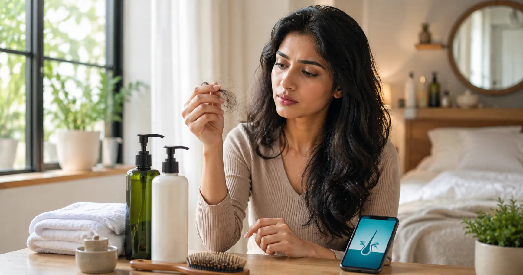 Indian woman examining her hair while choosing a shampoo for hair fall