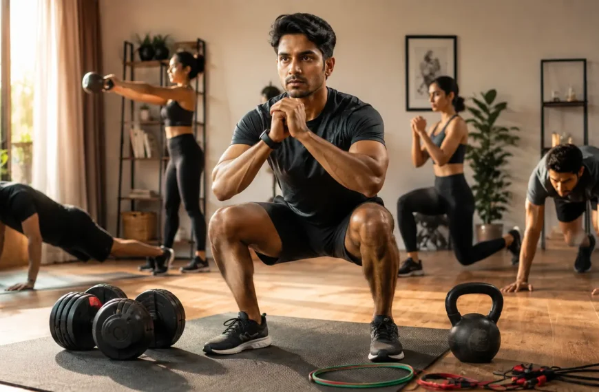 Indian adult performing a bodyweight CrossFit-style workout at home with dumbbells and kettlebell nearby