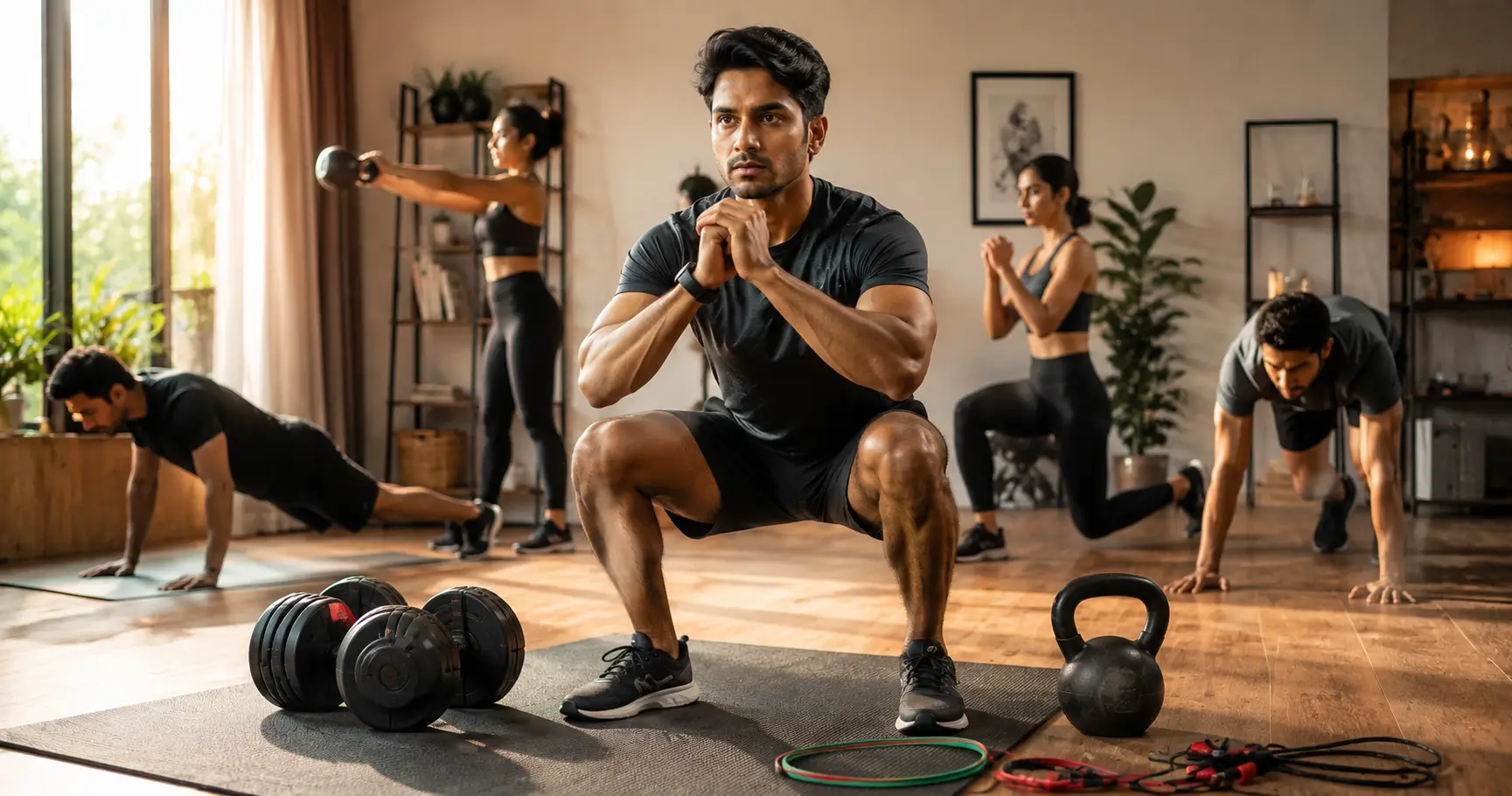 Indian adult performing a bodyweight CrossFit-style workout at home with dumbbells and kettlebell nearby
