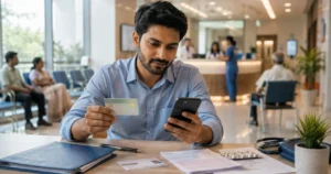 Indian government employee reviewing a generic health card and healthcare information on a smartphone