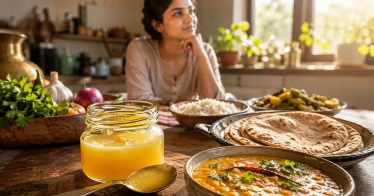 Golden desi ghee beside traditional Indian foods in a bright kitchen