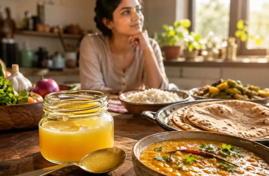 Golden desi ghee beside traditional Indian foods in a bright kitchen