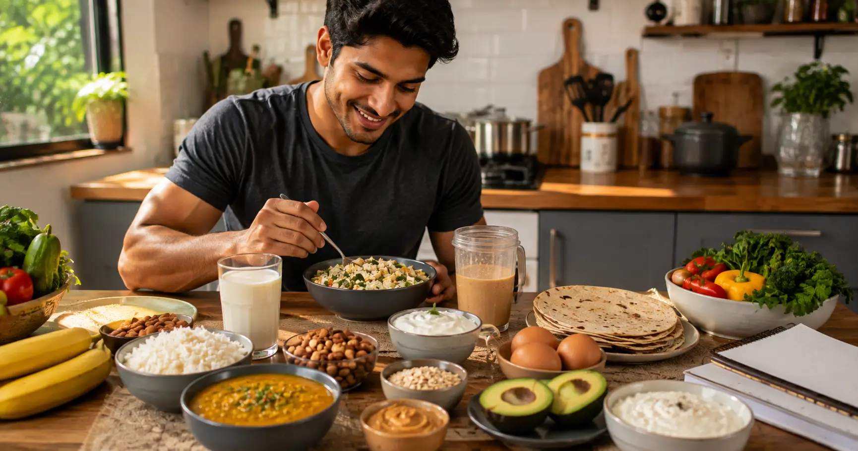 Young Indian adult preparing a nutritious high-calorie meal for healthy weight gain