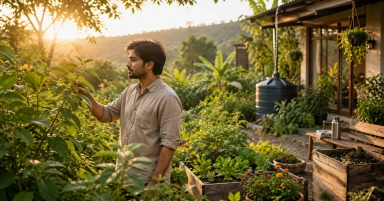 Young Indian adult connecting with nature in a sustainable home garden surrounded by greenery and natural sunlight.