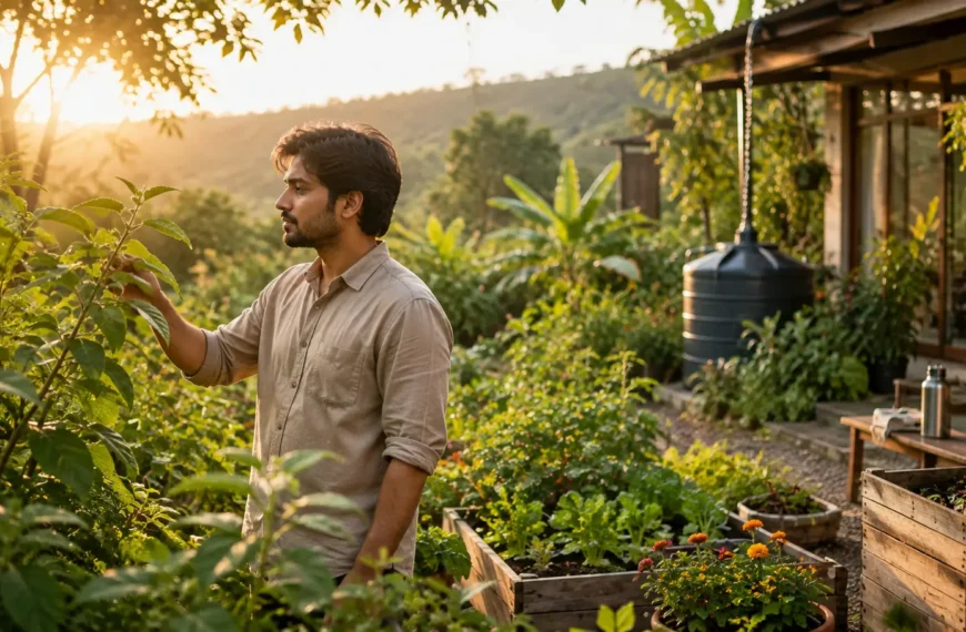 Young Indian adult connecting with nature in a sustainable home garden surrounded by greenery and natural sunlight.