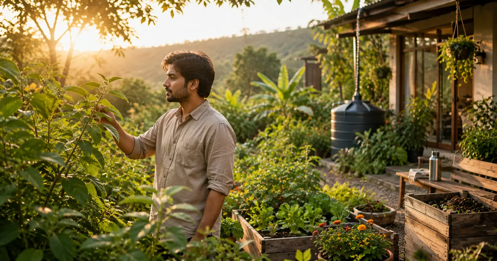 Young Indian adult connecting with nature in a sustainable home garden surrounded by greenery and natural sunlight.