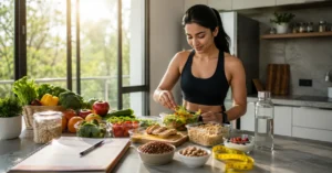 Healthy balanced meal with fresh vegetables, lean protein, fruits, and whole grains prepared for healthy weight loss.