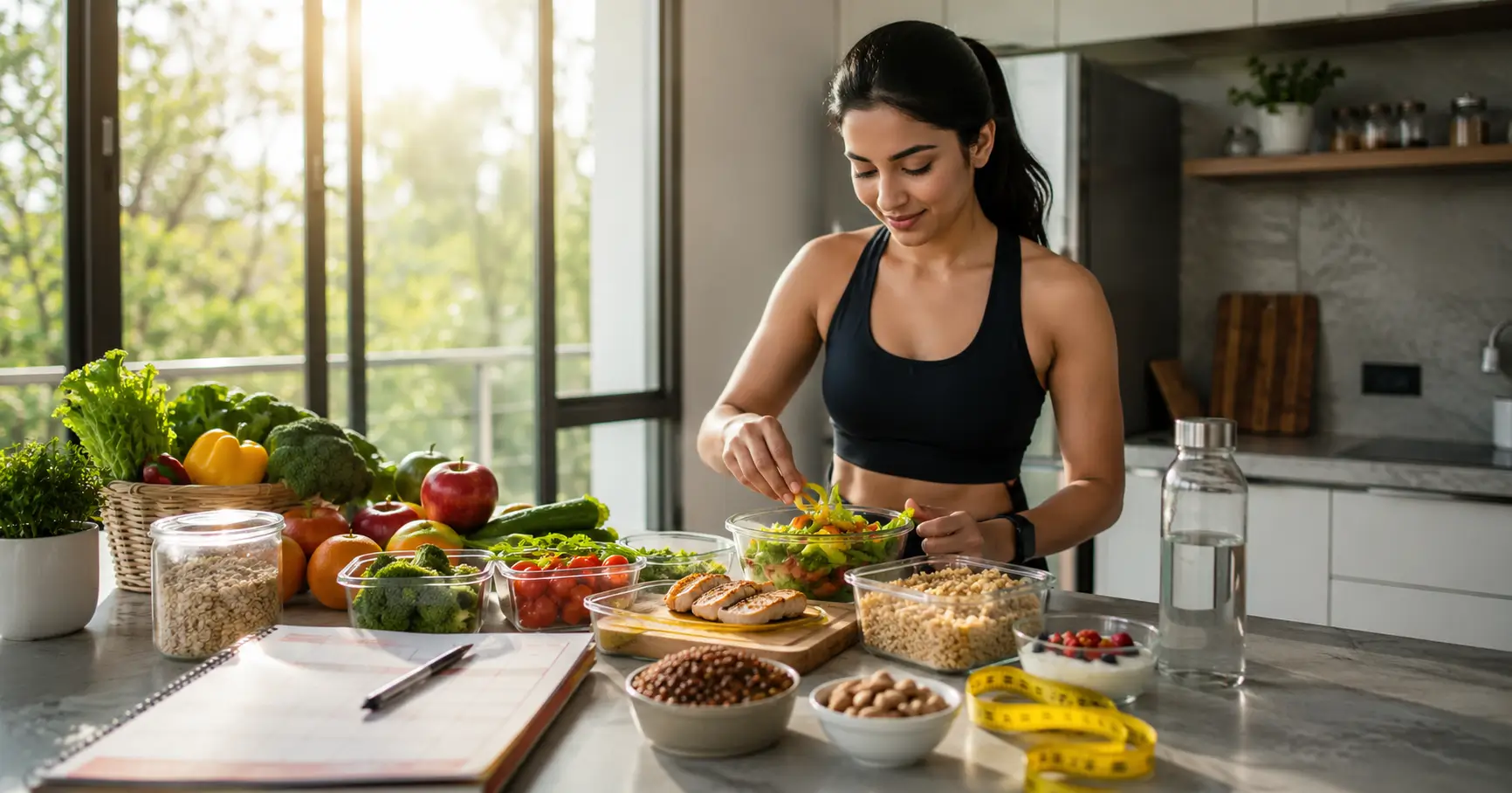 Healthy Diet Chart for Weight Loss: The Simple Plan That Actually Works 1 Healthy balanced meal with fresh vegetables, lean protein, fruits, and whole grains prepared for healthy weight loss.