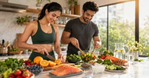 Healthy foods including fruits, vegetables, salmon, nuts, and yogurt arranged in a bright kitchen to support naturally glowing skin.