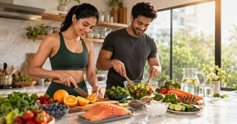 Healthy foods including fruits, vegetables, salmon, nuts, and yogurt arranged in a bright kitchen to support naturally glowing skin.