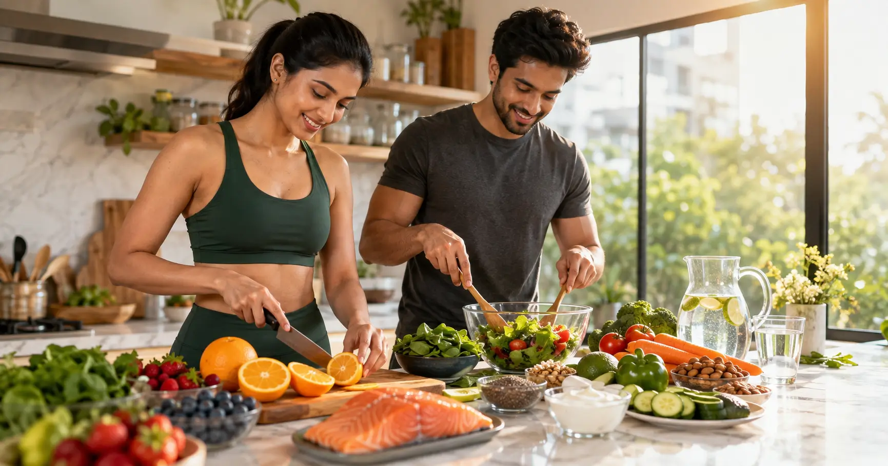 Healthy Diet for Glowing Skin: 15 Foods That Can Transform Your Skin Naturally 1 Healthy foods including fruits, vegetables, salmon, nuts, and yogurt arranged in a bright kitchen to support naturally glowing skin.