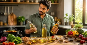 Young Indian adult comparing different cooking oils in a modern kitchen with healthy Indian food ingredients