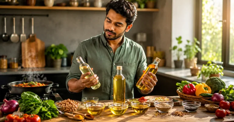 Young Indian adult comparing different cooking oils in a modern kitchen with healthy Indian food ingredients