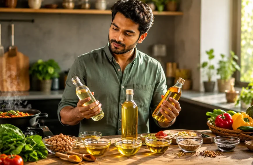 Young Indian adult comparing different cooking oils in a modern kitchen with healthy Indian food ingredients