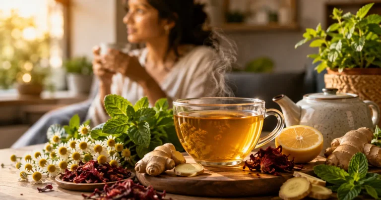 A cup of herbal tea surrounded by chamomile, peppermint, ginger and hibiscus ingredients in a bright home setting.