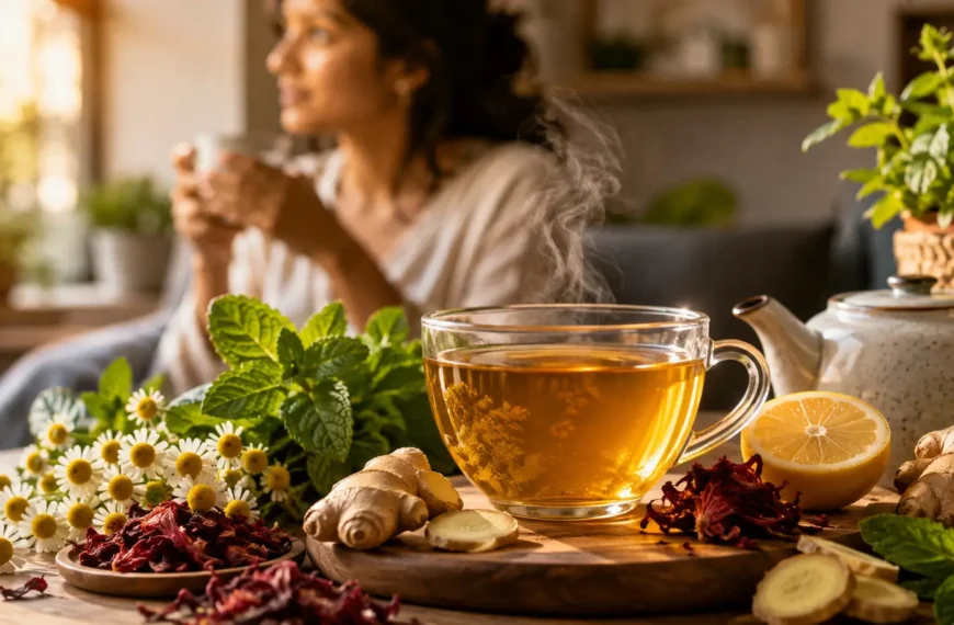 A cup of herbal tea surrounded by chamomile, peppermint, ginger and hibiscus ingredients in a bright home setting.