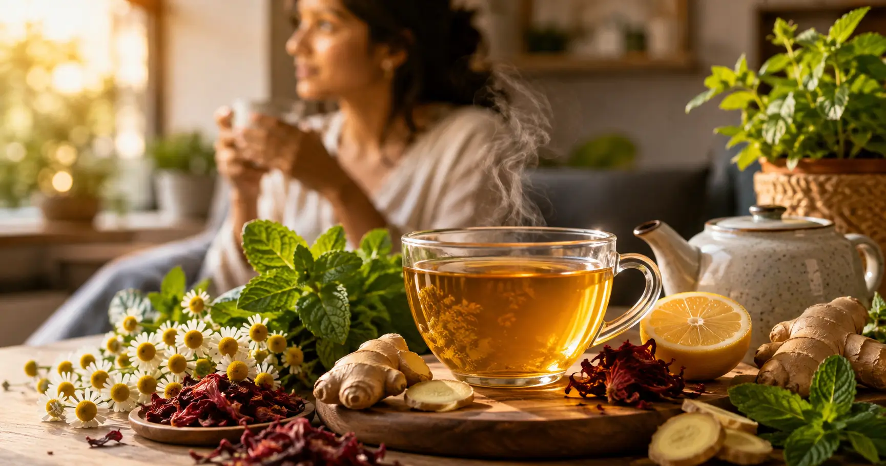 A cup of herbal tea surrounded by chamomile, peppermint, ginger and hibiscus ingredients in a bright home setting.