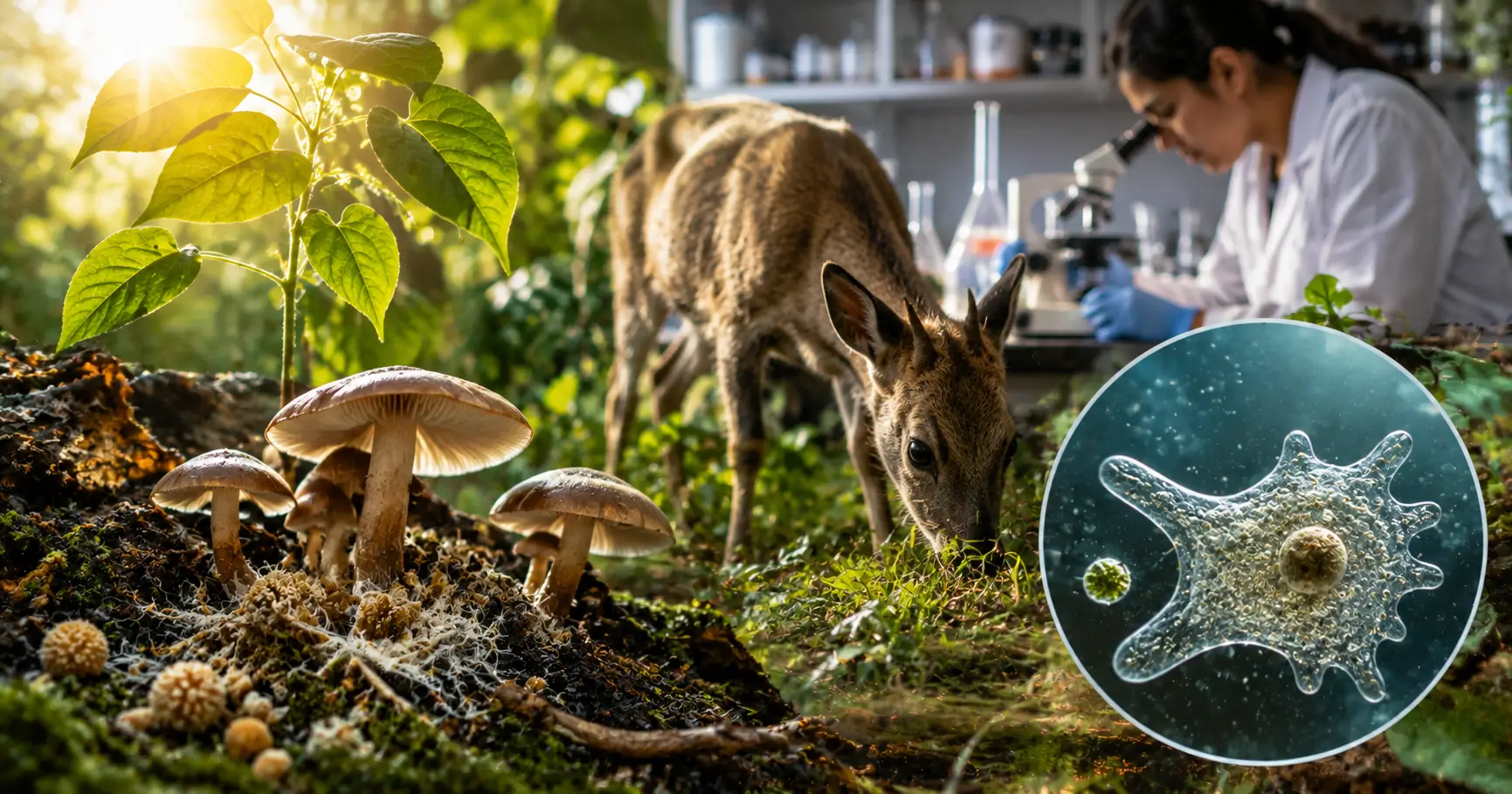 How Do Organisms Obtain Their Nutrition? Explained With Examples 1 Educational biology scene showing plants, fungi and animals representing different modes of nutrition
