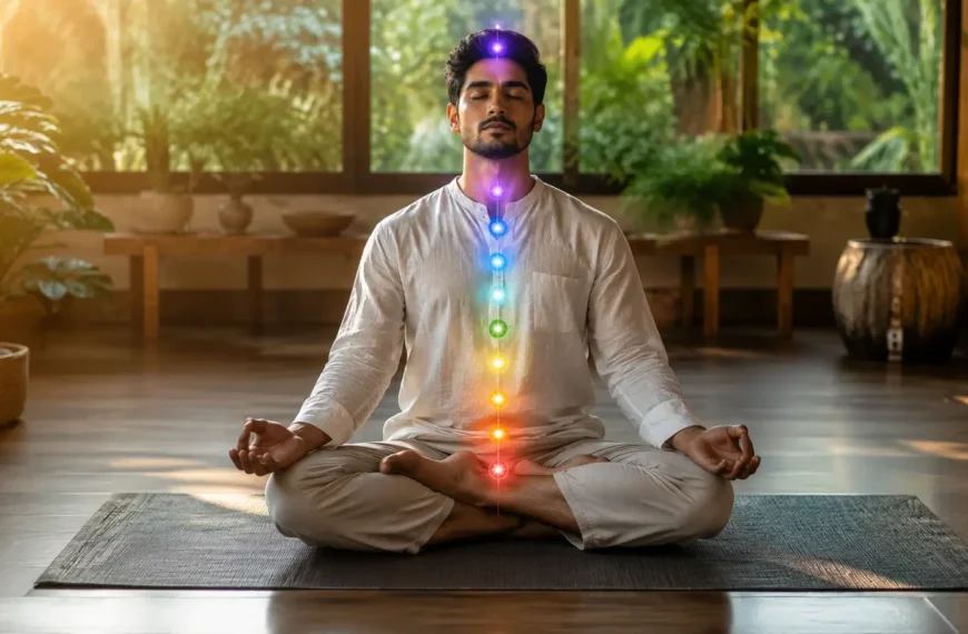 Indian adult meditating with a subtle seven-chakra visualization in a peaceful wellness studio