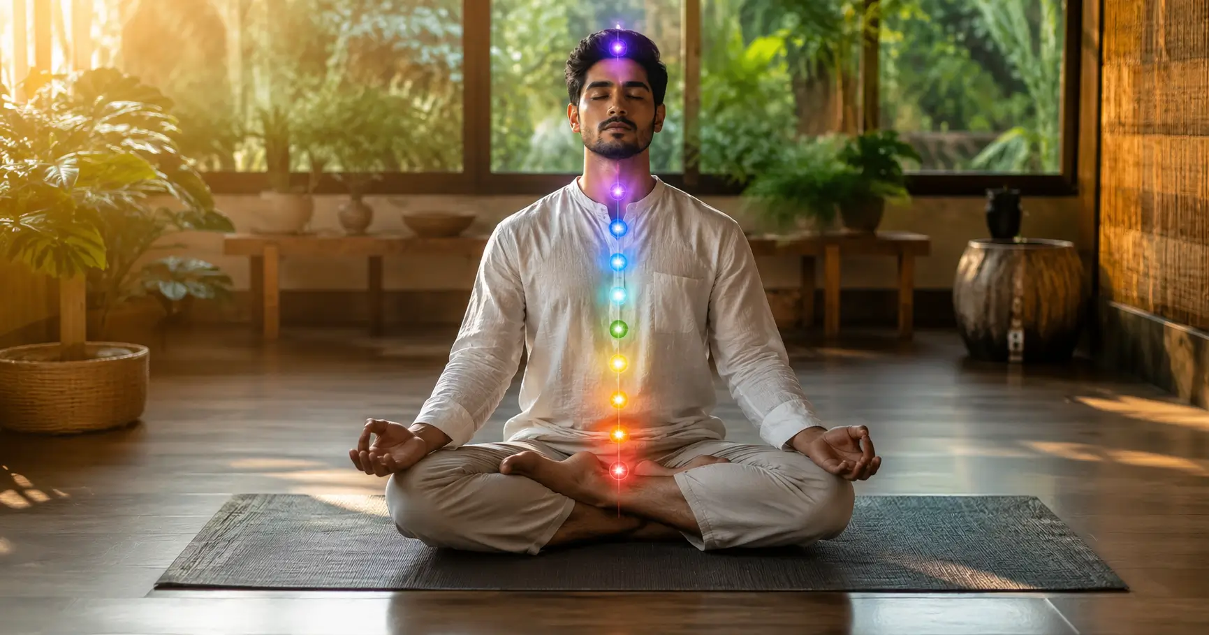 Indian adult meditating with a subtle seven-chakra visualization in a peaceful wellness studio