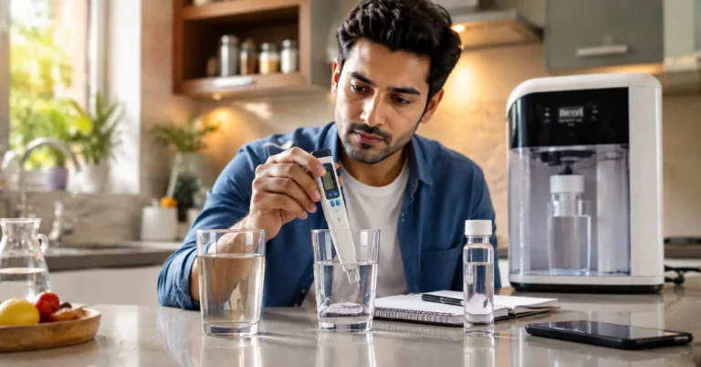 Young Indian adult checking a TDS meter beside drinking water and a home purifier