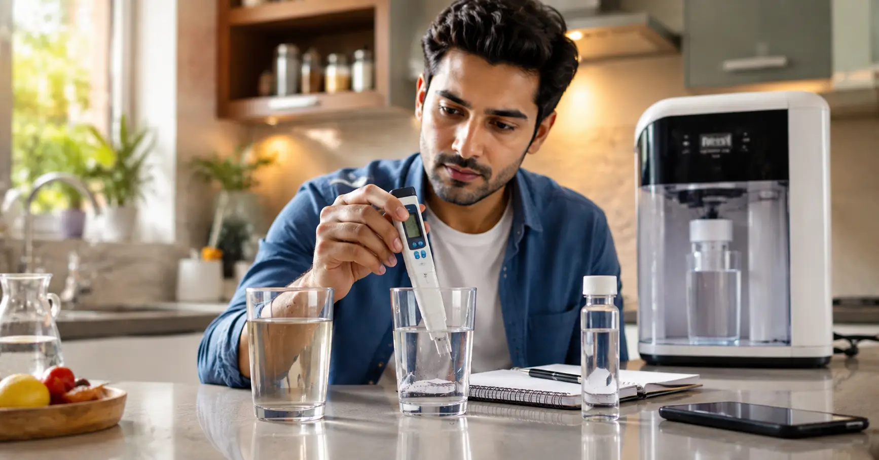 Ideal TDS for Drinking Water in India: What Your Meter Really Means 1 Young Indian adult checking a TDS meter beside drinking water and a home purifier