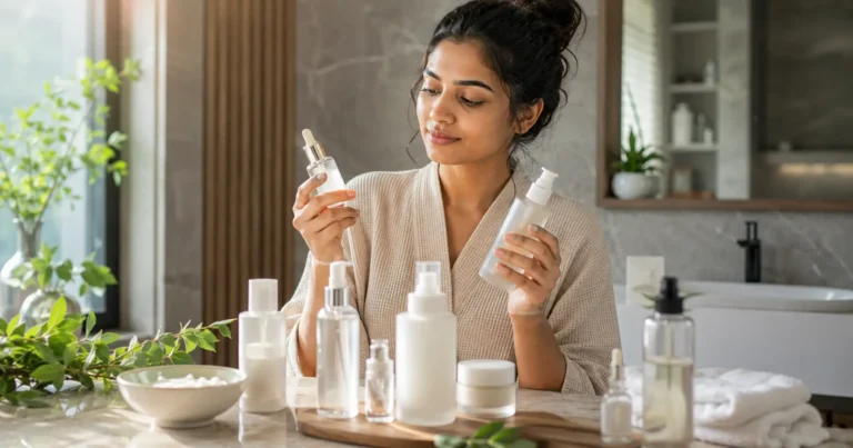 Korean Skin Care Products in India: What’s Worth Buying? 2 Indian woman comparing Korean skincare products at a modern bathroom vanity