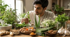 Collection of medicinal plants and herbs including tulsi, turmeric, ginger, aloe vera and chamomile
