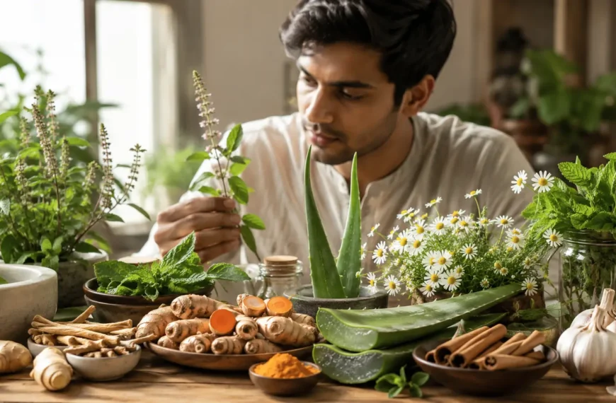 Collection of medicinal plants and herbs including tulsi, turmeric, ginger, aloe vera and chamomile