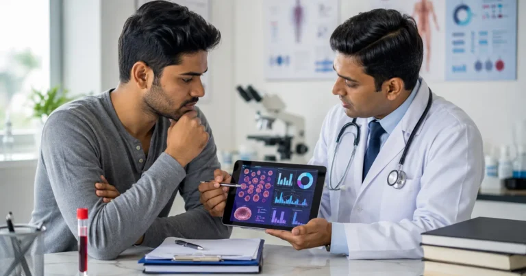 Indian adult reviewing a blood test for microcytic hypochromic anemia with a healthcare professional