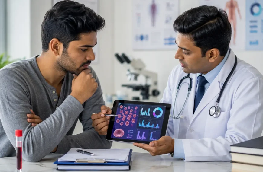 Indian adult reviewing a blood test for microcytic hypochromic anemia with a healthcare professional