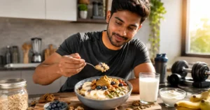 Young Indian adult preparing a nutrient-dense oatmeal bowl with banana, nuts, peanut butter and milk for healthy weight gain