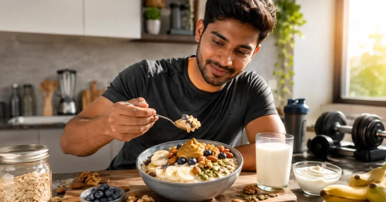 Oats for Weight Gain: 7 Smart Ways to Make Them Work 4 Young Indian adult preparing a nutrient-dense oatmeal bowl with banana, nuts, peanut butter and milk for healthy weight gain