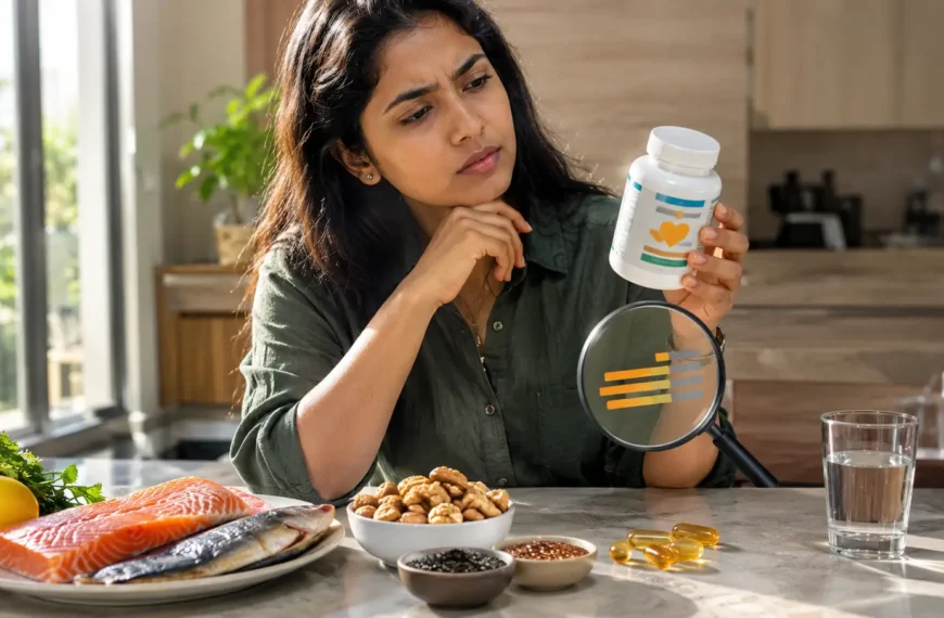 Young adult comparing generic omega-3 capsules with fish and plant-based omega-3 foods in a modern kitchen